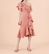 Blush Pink One Shoulder Midi Dress Blush Wedding Bridesmaid Chiffon Dress A Line