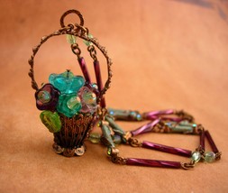 Vintage Flower necklace signed garden basket Japanese oriental style swe... - $95.00