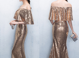 Off Shoulder Gold Sequin Dresses Long Maxi Sequined Women Evening Gown Plus Size image 2