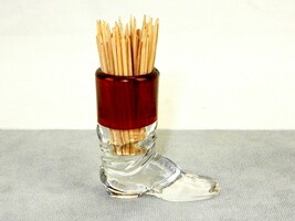 Glass Boot Toothpick Holder, Cut Ruby Cuff, Clear Bottom, Vintage, TPK-446 - $14.65