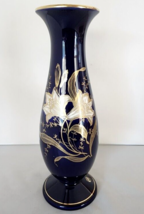Vintage 1960&#39;s Cobalt Blue Vase W/ Gold Flowers Staffel Limburg Germany ... - $46.75