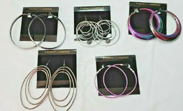 Fashion Earrings Hoops 5 Pair Large Silver Black Metallic  Purple New #13 - $23.13