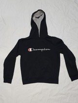 CHAMPION Sweatshirt Black Pullover Hoodie Big Embroidered Logo - $9.87