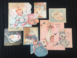 Set of 9 Vintage 40s illustrated Birth/Baby card art (Set A)