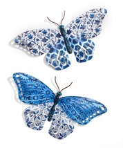 Blue Butterfly Wall Plaques Metal Set of 2 Patterned 14" Long Wing Cut Outs