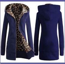 Long Blue Front Zip Up Lined Leopard Print Medium Length Hooded Parka Jacket