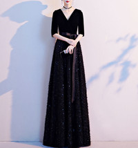Women Half Sleeve Velvet Maxi Dress High Waist Formal Dress, Black, Plus Size