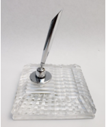 Vintage Waterford Cut Crystal Desk Pen Holder Square Paperweight Chrome - $34.60