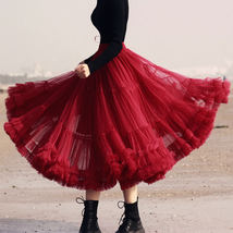 Burgundy Midi Puffy Tutu Skirt Plus Size High Waisted Layered Tulle Skirt
