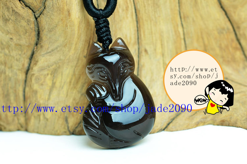 Primary image for Free shipping - Natural black jade gemstone , ICE black jade charm good luck Fox