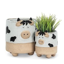 Cow Design Planter Pots Set of 2 with Legs Stoneware  5" and 3" high Cream Tan image 2