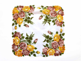 Large Roses Handkerchief Bright Yellow Brown Blooms Green Leaves White B... - $11.90