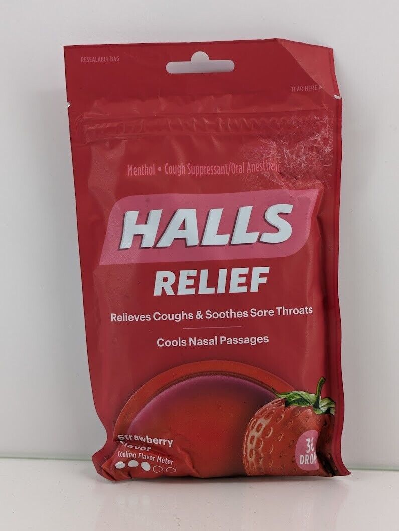 Halls Cough Drops Relieves Soothes Sore Throat Strawberry 30 Drops x 6