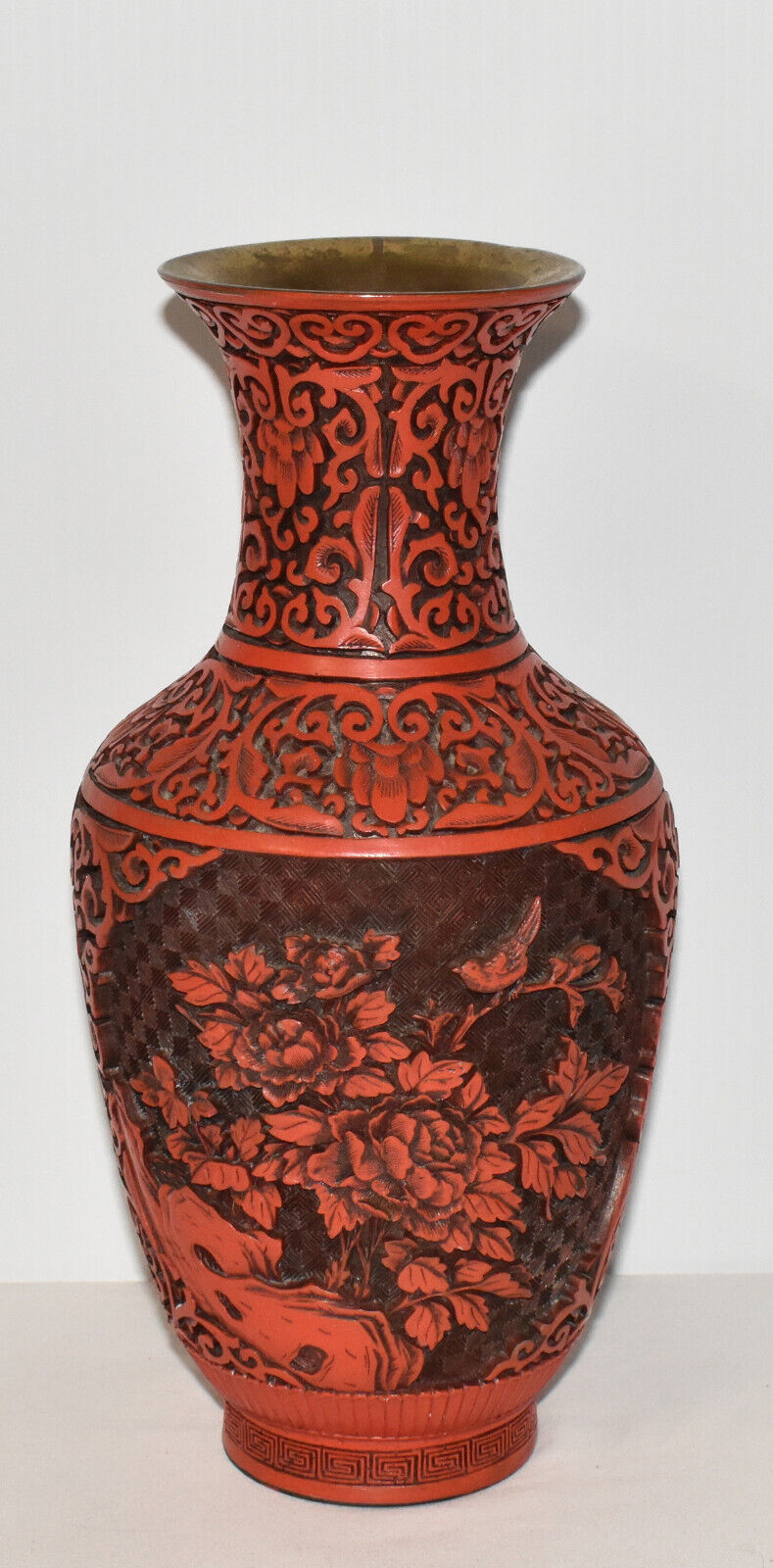 Primary image for Vintage Chinese 12" Cinnabar Vase Carved Lacquer over Brass Bird Floral Motif