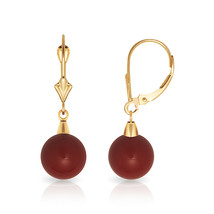 9mm Ball Shaped Dark Red Coral Leverback Dangle Earrings 14K Solid Yellow Gold  - $93.49
