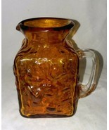 Amber Glass Square Pitcher Hand Blown  Vintage Applied Clear Handle 4 In... - $14.99