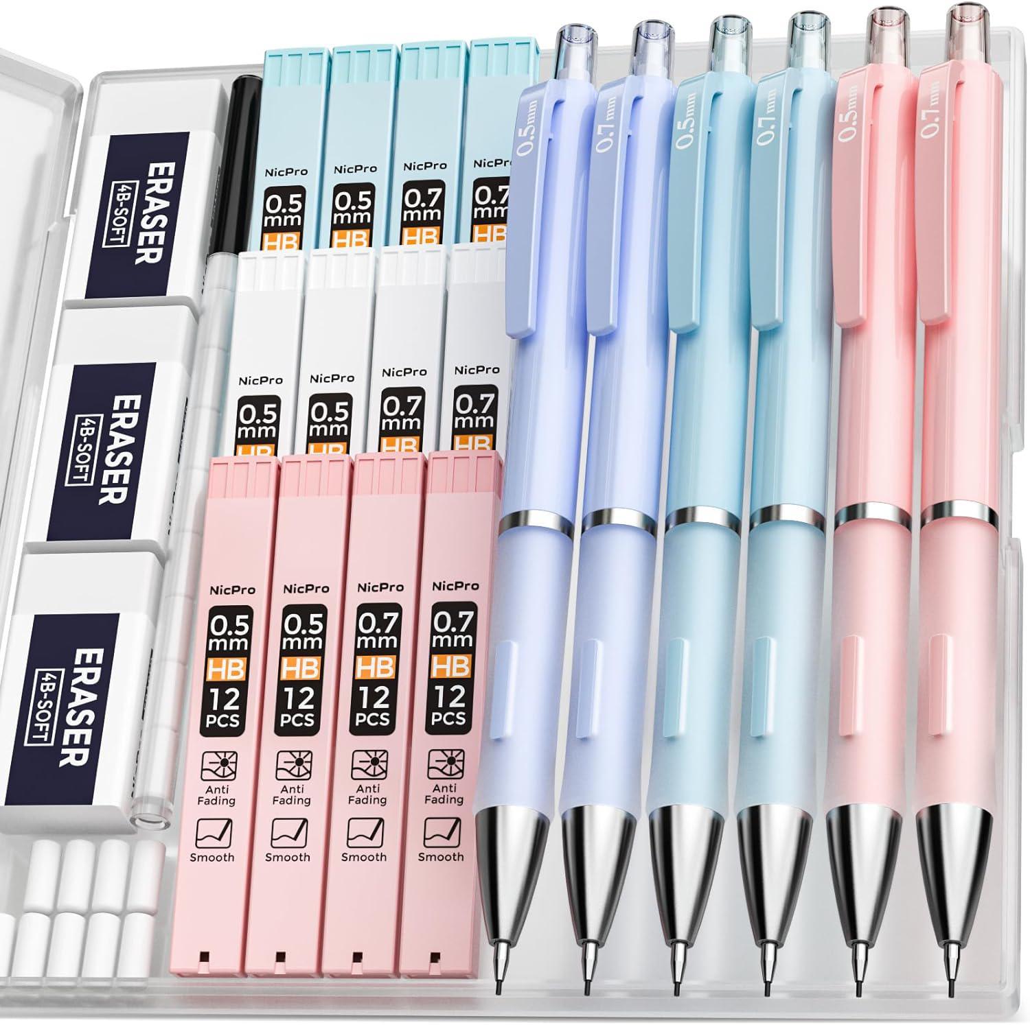 Nicpro 6PCS Art Mechanical Pencils Set, 3 PCS Metal Drafting Pencil 0.5 Mm  & 0.7