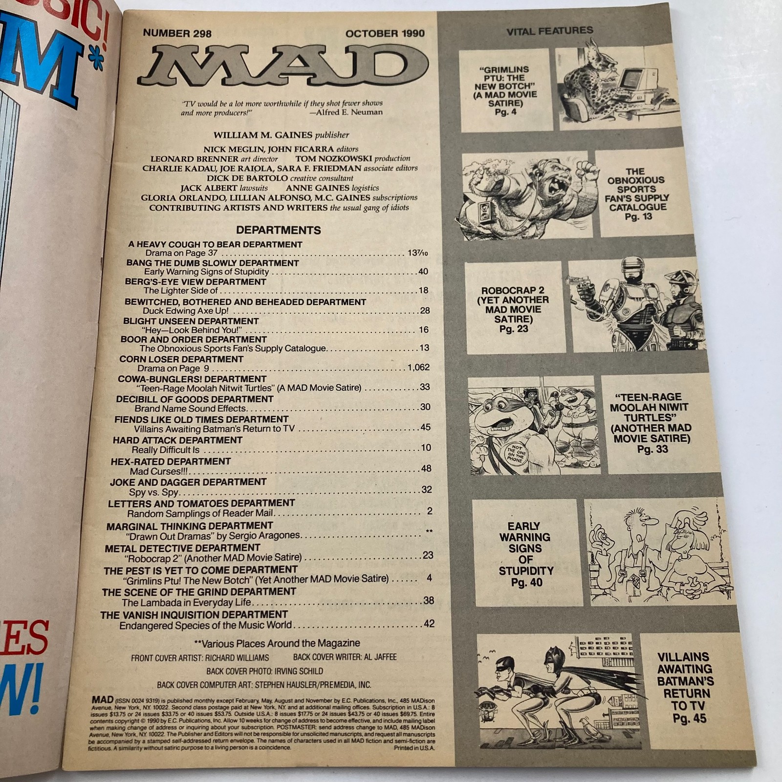 Mad Magazine October 1990 No. 298 Alfred & the Gremlins II 6.0 FN Fine ...