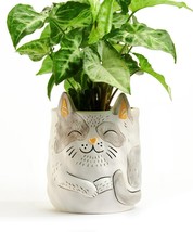 Grey Cat Pet Planter Adopt Jinx - Plant Parent Buddies Ceramic Drainage image 1