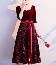 Burgundy Wine Red Half Sleeve Velvet Midi Dress High Waist Bridesmaid Midi Dress image 4