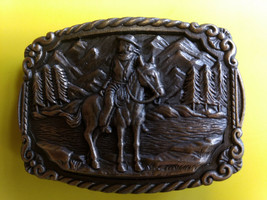 Metal Cowboy On Horse In Mountain Forest Valley Belt Buckle 3" x 2 1/4" - $19.95