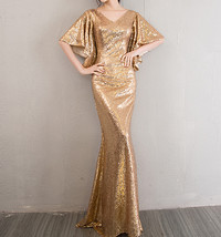 Sexy Golden Bat Sleeve Maxi Long Sequin Dress Plus Size Sequined Cocktail Dress image 1