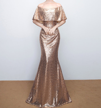 Off Shoulder Gold Sequin Dresses Long Maxi Sequined Women Evening Gown Plus Size image 7