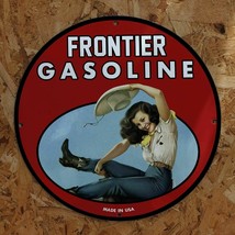 Vintage 1937 Frontier Gasoline Gas Synthetic Motor Oil Porcelain Gas & Oil Sign - $148.49