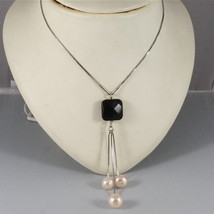 18K WHITE GOLD NECKLACE WITH PENDANT ONYX, ROSE PEARL DIAMETER 1CM MADE ... - $844.00