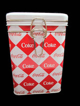 Coca-Cola Square Harlequin Diamond Pattern Tin Canister Tea Latching White Lid - $9.65