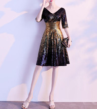 Women Knee Length Black Gold Sequin Dress Sleeved V Neck Sequin Dress Plus Size