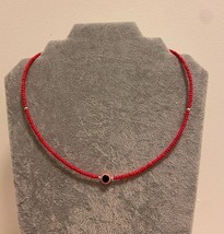Evil eye beaded necklace handmade seed beads pink summer choker - $15.00