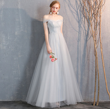 Floor Length Maxi Bridesmaid Dresses Tulle Wedding Dress Light Gray Off Shoulder image 2