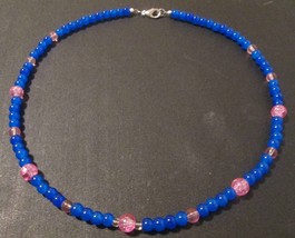 Beaded necklace, pink and blue, silver lobster clasp, about 20 inches long - $19.00
