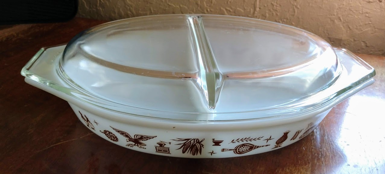 Vintage Pyrex Early American Divided Casserole Dish with Lid