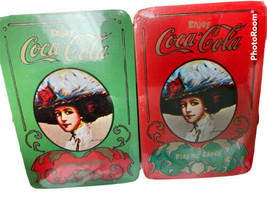 Coca - cola playing cards with matching metal tin 2 decks red / green victorian - $17.81