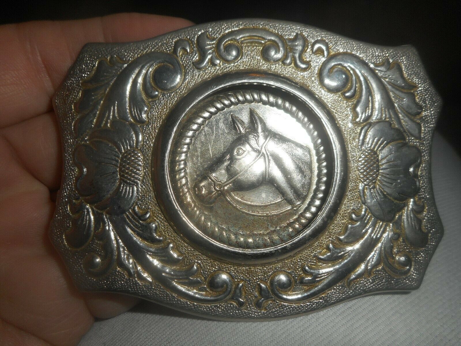 Vintage Western Cowboy Gold Plated Horse Head Belt Buckle by Chambers