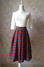Autumn Women Plaid Skirt Pleated Plaid Skirt - High Waist, Red Check,Midi  image 1