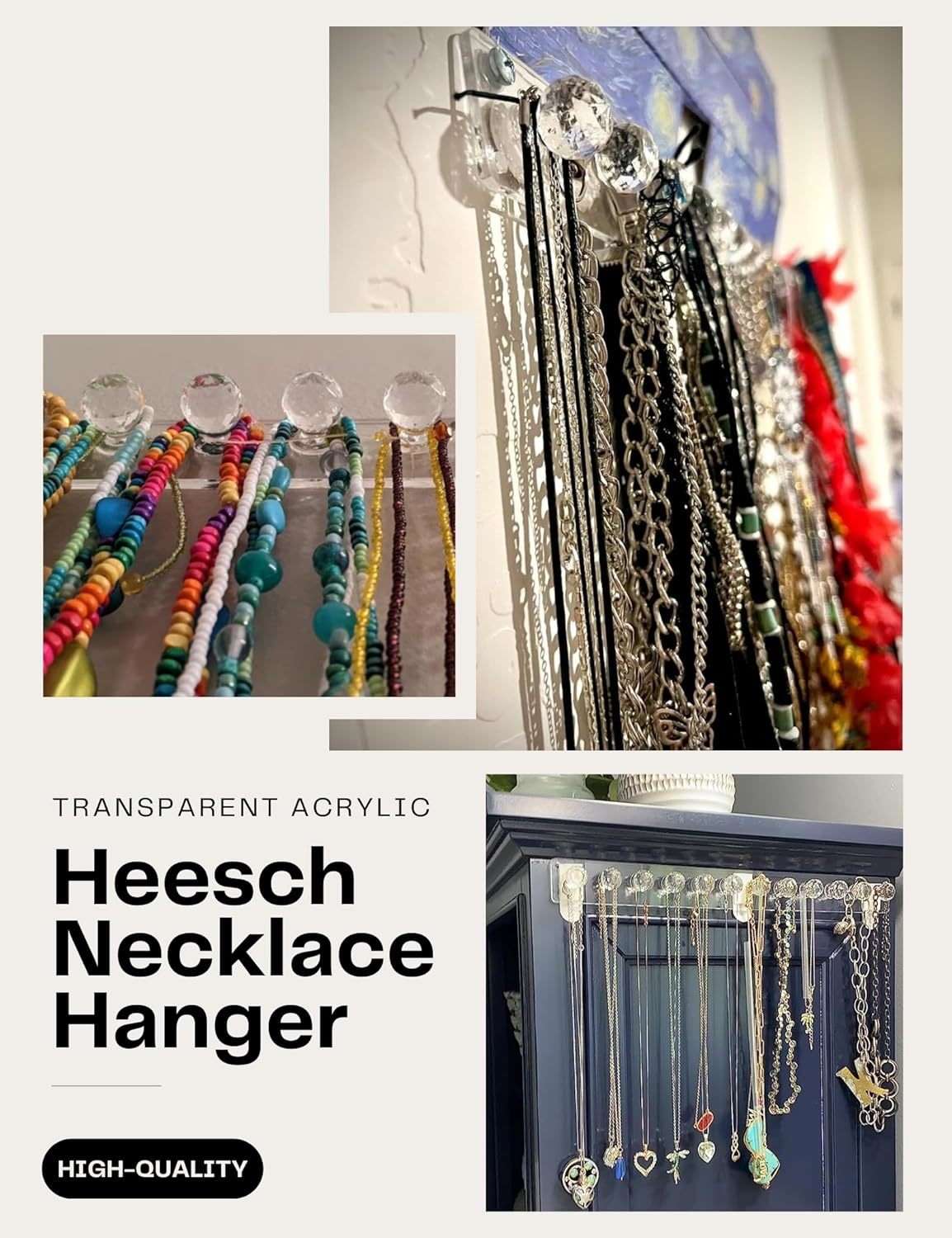 Heesch Necklace Holder, Acrylic Hanger, Wall Mont Organizer, Jewelry Hooks  for Necklaces, Bracelets, Chains (2-pack Clear)