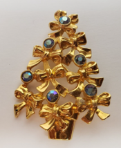 Avon Bow Christmas Tree Rhinestone Brooch Pin Gold Tone Iridescent 2 1/4" - $19.75