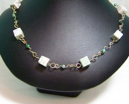 Wn28 14kt gf wire wrap necklace with peace jade and turquoise beads - $57.00
