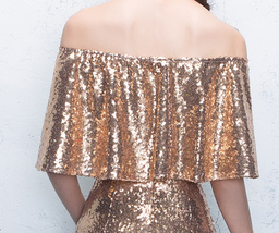 Off Shoulder Gold Sequin Dresses Long Maxi Sequined Women Evening Gown Plus Size image 4