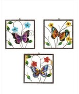 Butterfly Wall Plaques Set of 3 Hanging Colorful 12&quot; square Metal Glass 3D - $79.19