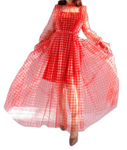 Red Long Tutu Dress Gowns Long Sleeve Vintage Inspired Pink Plaid Pattern