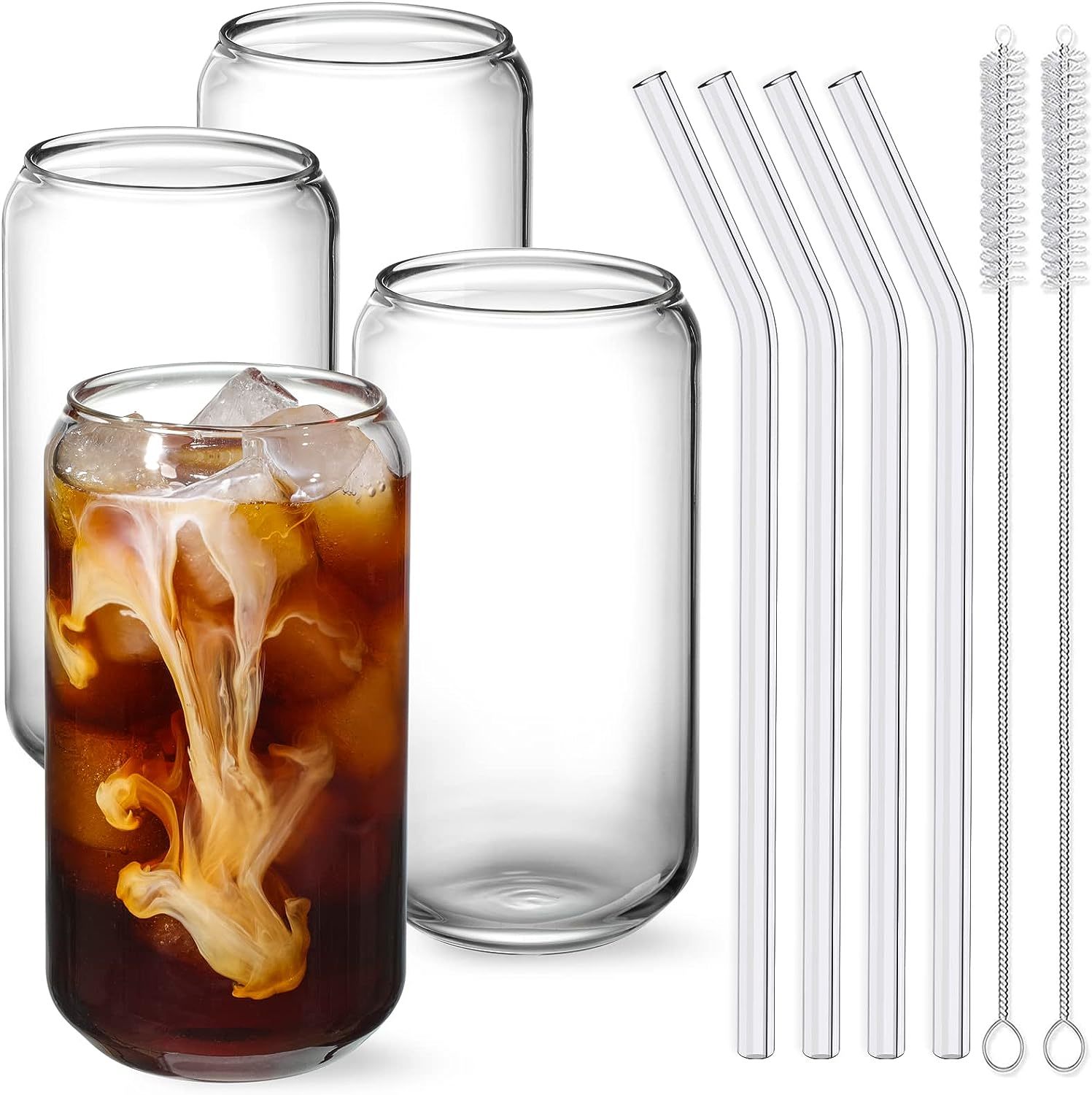 4Pcs Set Drinking Glasses with 4 Bamboo Lids and 8 Glass Straws