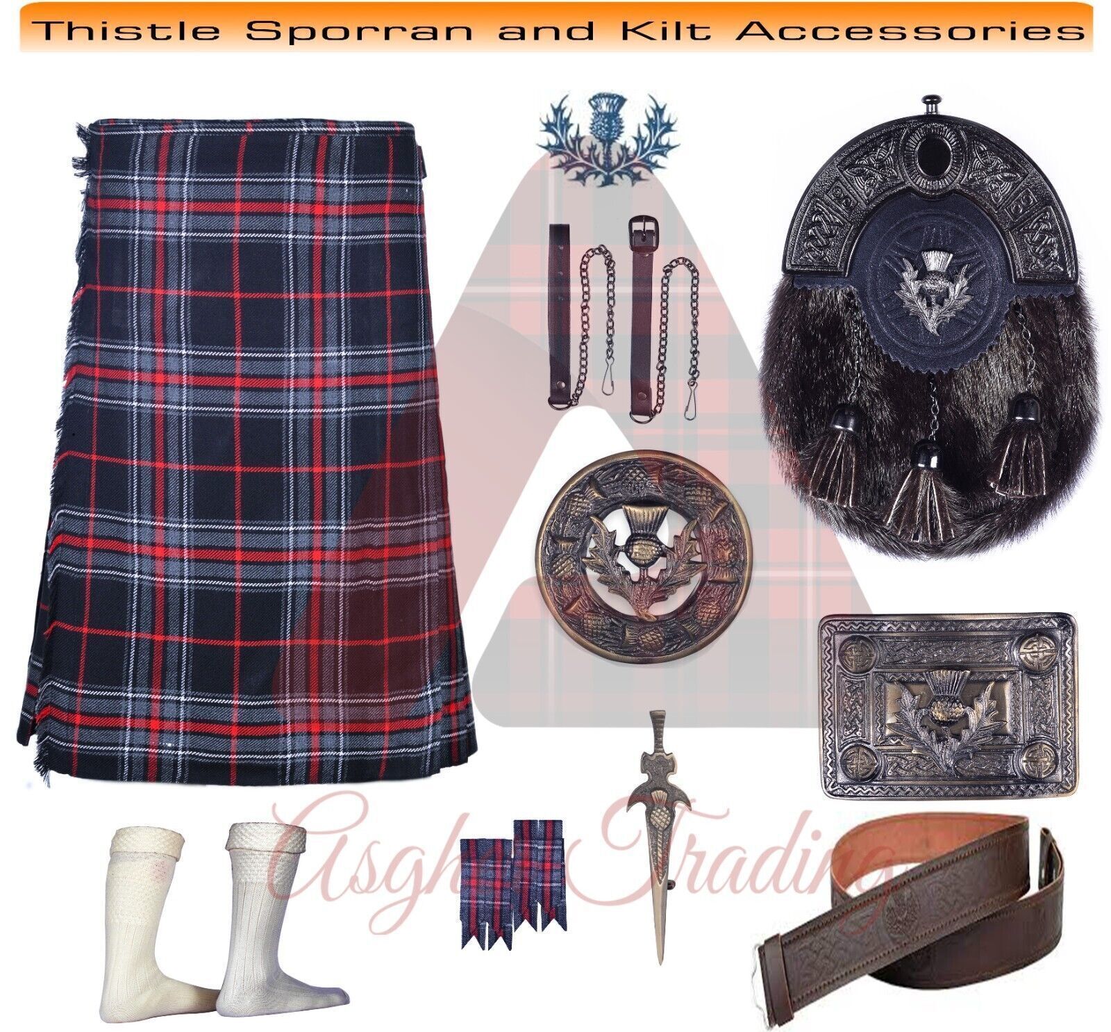 Scottish Traditional Spirit of Bruce Tartan 8 Yard Kilt Outfit For Men ...