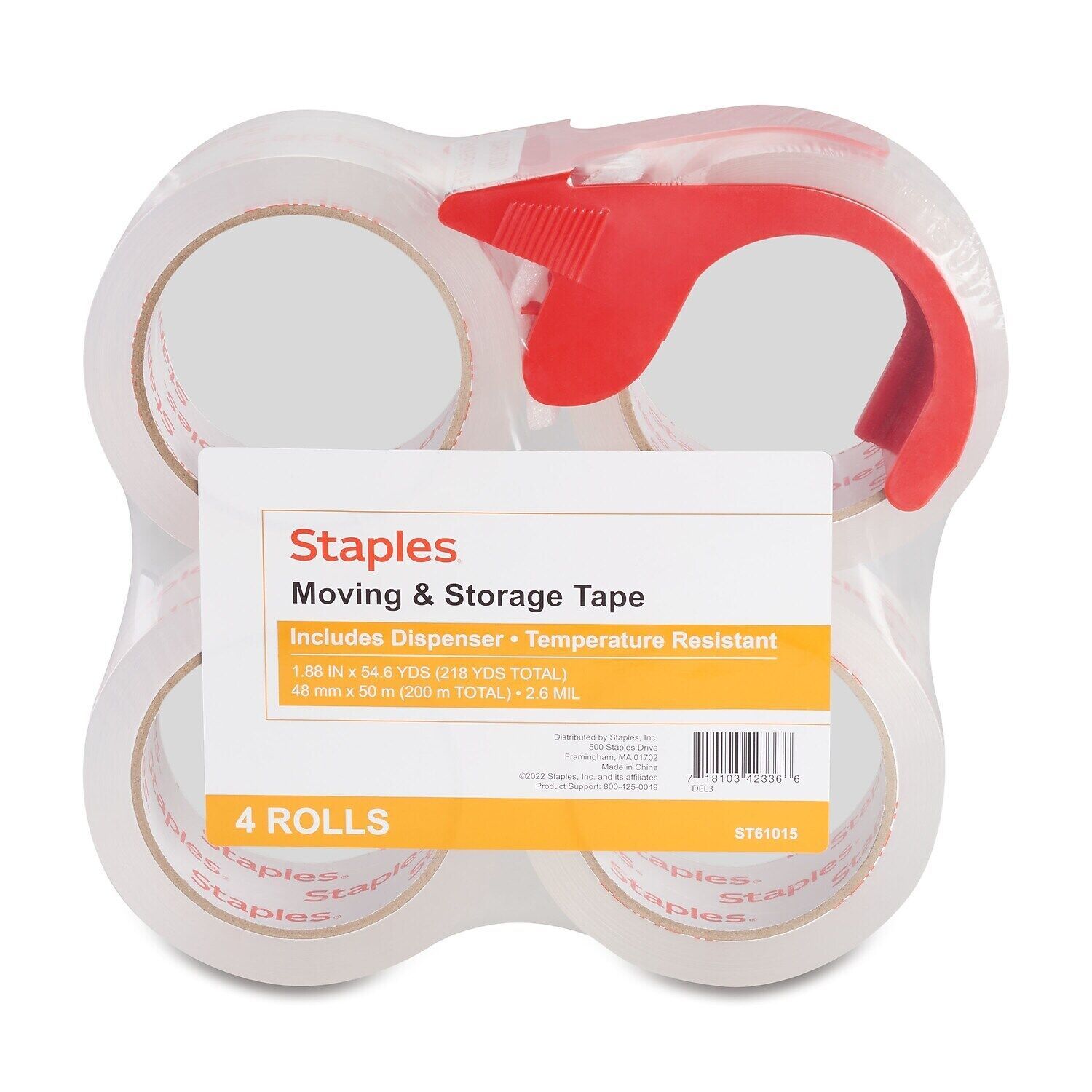 Staples Moving and Storage - Dispenser with packaging tape - hand held - 1.89 in x 164 ft - 3 in core - clear (pack of 4)