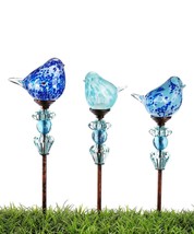 Blue Bird Garden Stakes Set of 3 Glow in the Dark Glass and Metal 22" High image 1