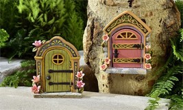 Fairy Door Statues Set of 2 Resin Cobblestone and Floral Detailing 6.7" High image 2
