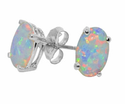 8x6mm Oval Stud Earrings Simulated Opal 14K White Gold Plated Silver Chr... - $107.46